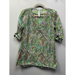 Vivante by VSA Blouse‎ Womens medium green paisley pintuck top roll tab sleeve